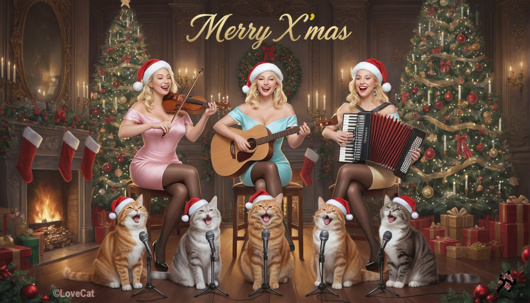 Christmas Scene with Women, Instruments, and Cats