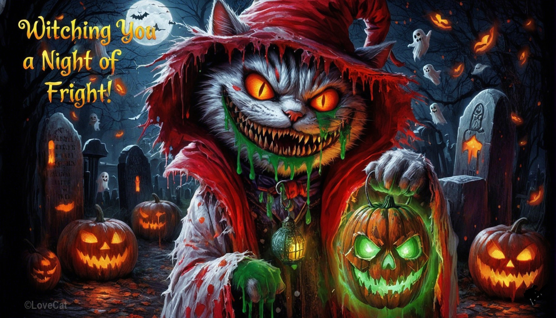 Whimsical Cat Witch in Spooky Graveyard Scene