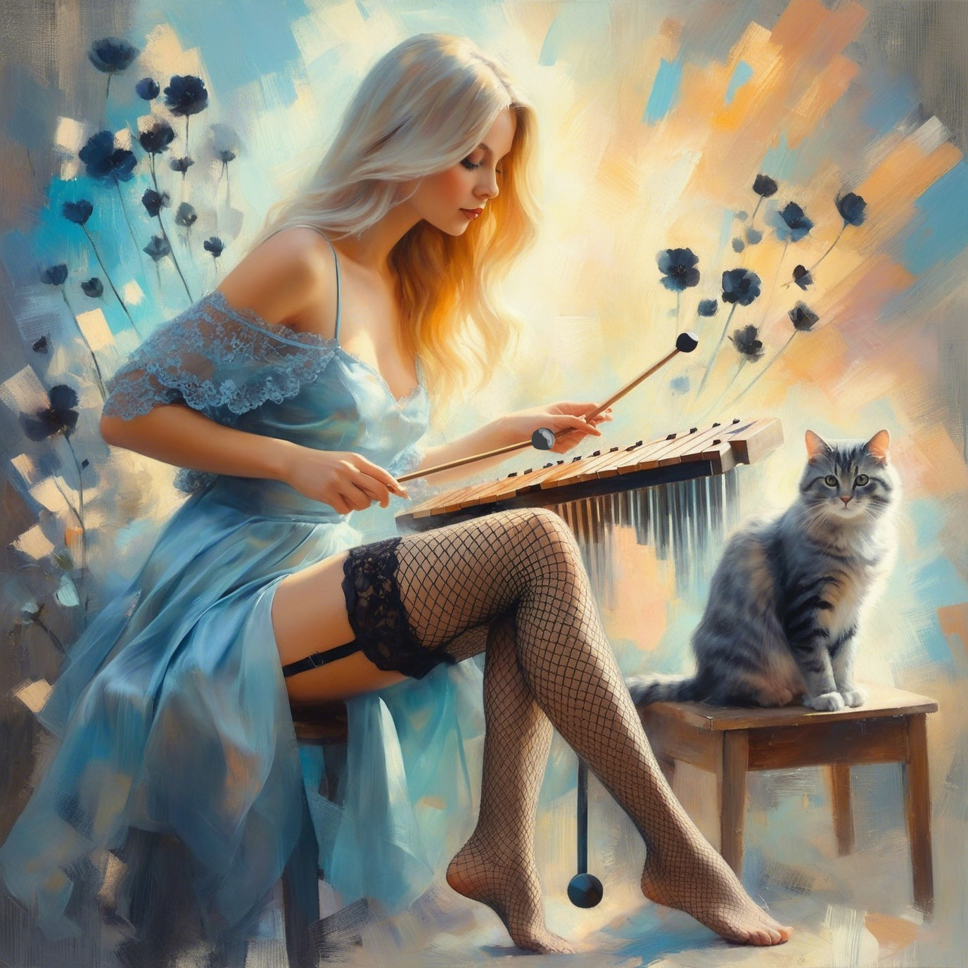 Woman in Blue Dress Playing Xylophone with Cat Nearby