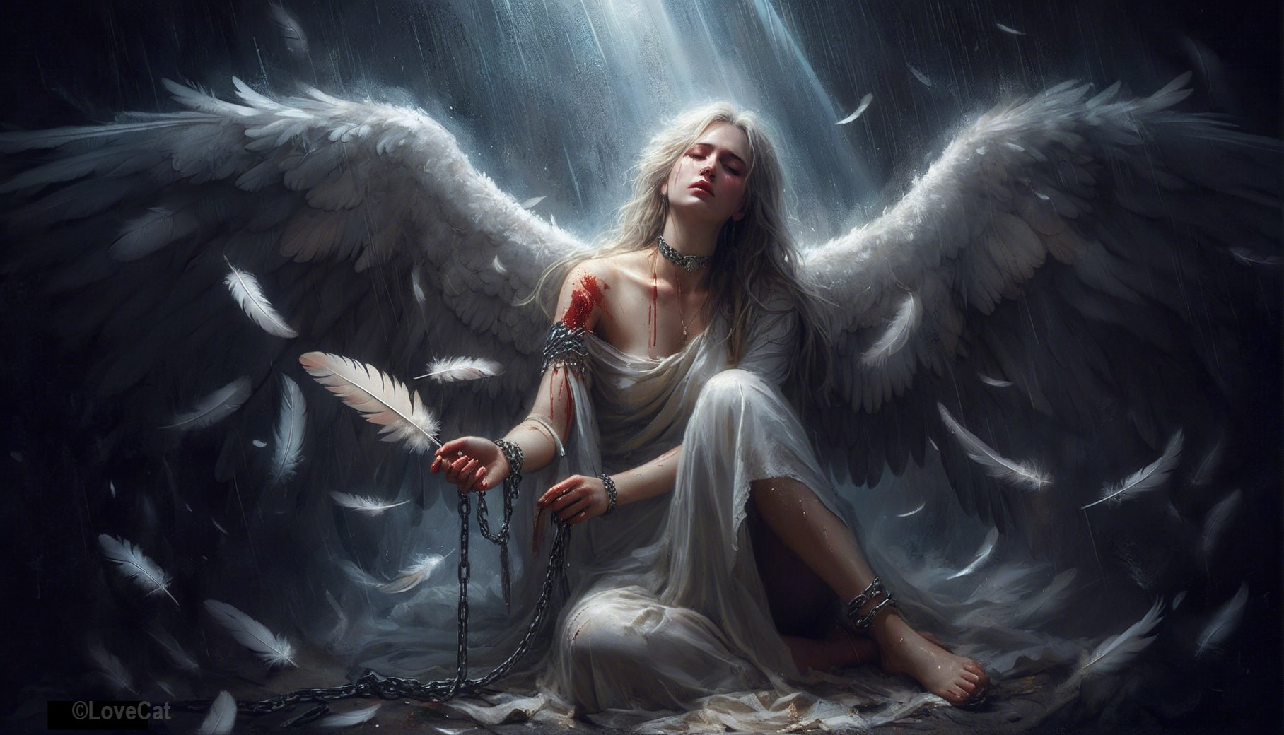 Sorrowful angel with white wings in a melancholic scene
