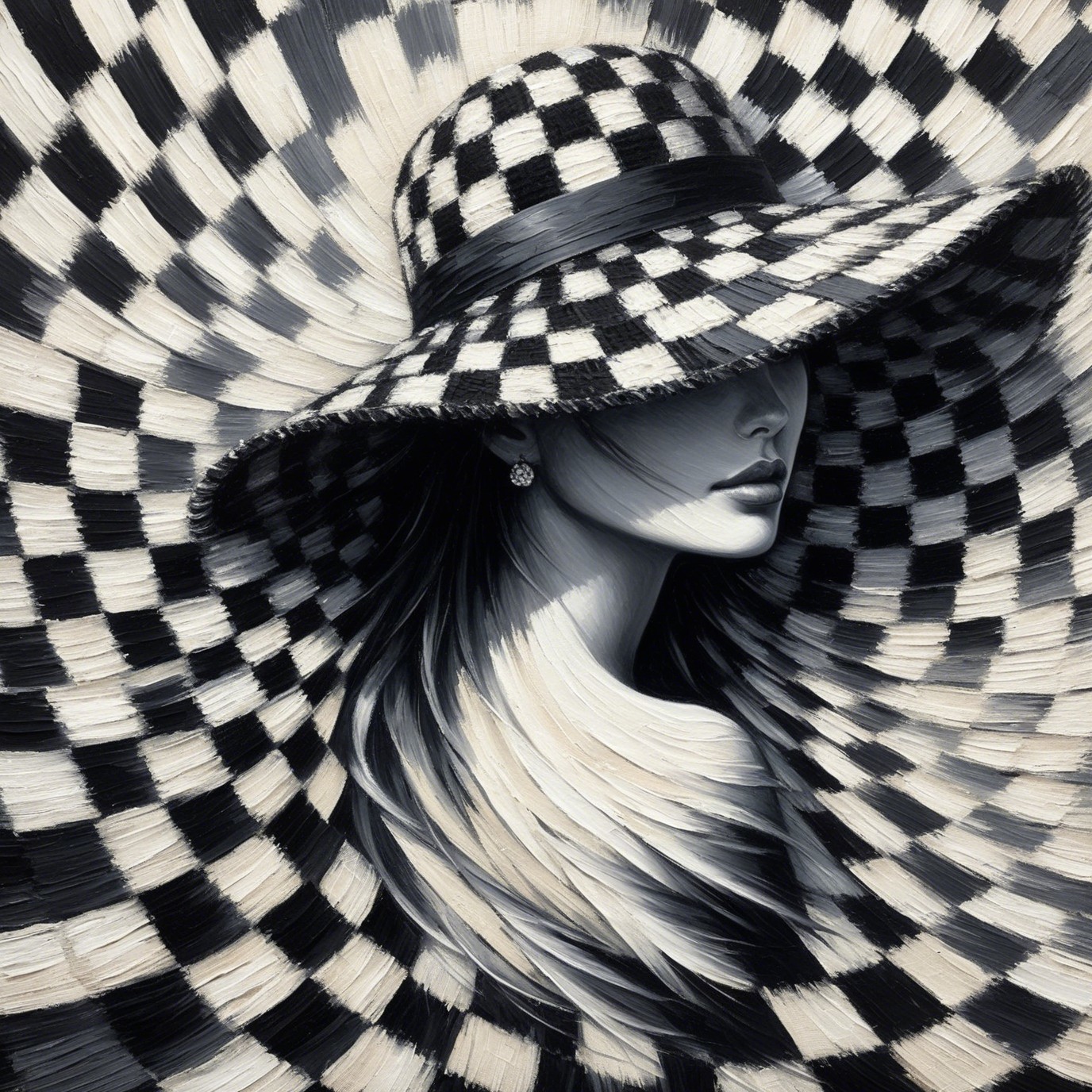 Portrait of a Woman with Checkered Hat and Patterns