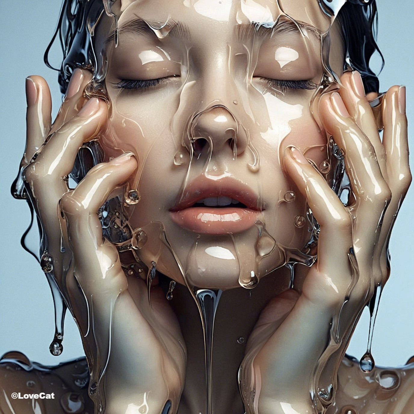 Close-Up of Serene Face with Glossy Liquid Overlay