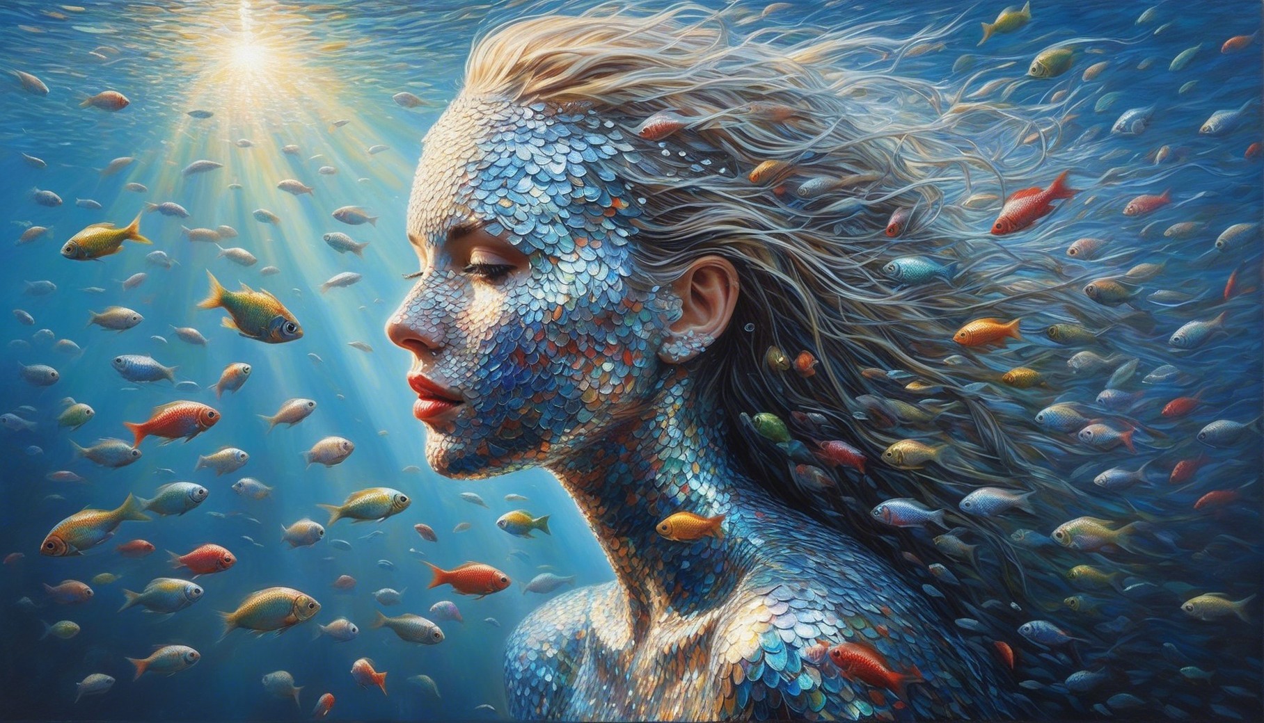 Underwater Scene with Mermaid-Like Woman and Fish