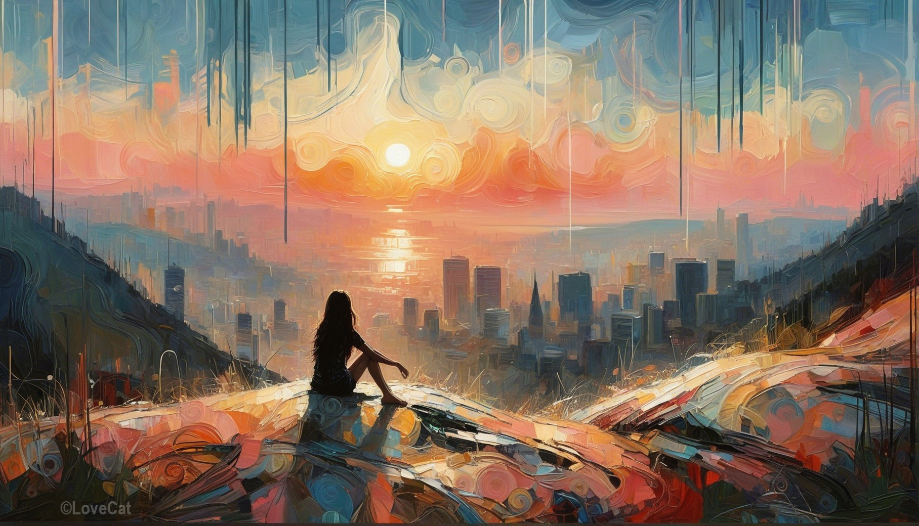 Silhouette of Woman Overlooking City at Sunset
