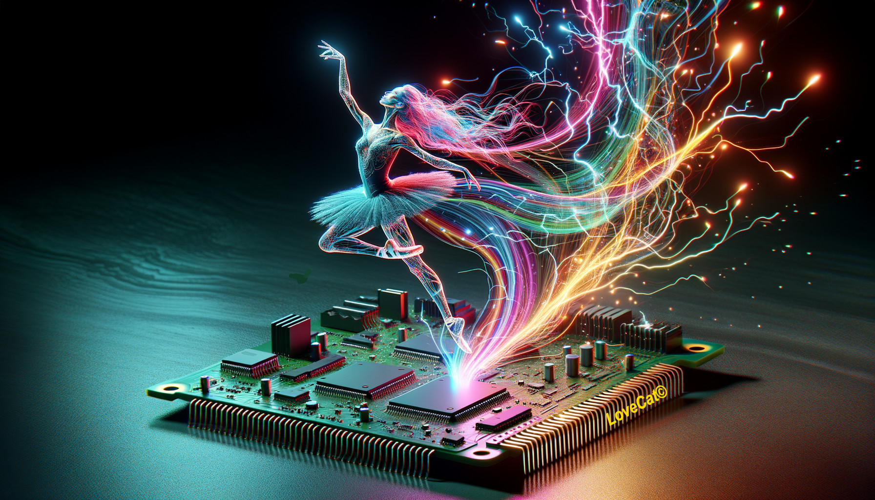 3D Illustration of Light Ballet Dancer and Circuit Board