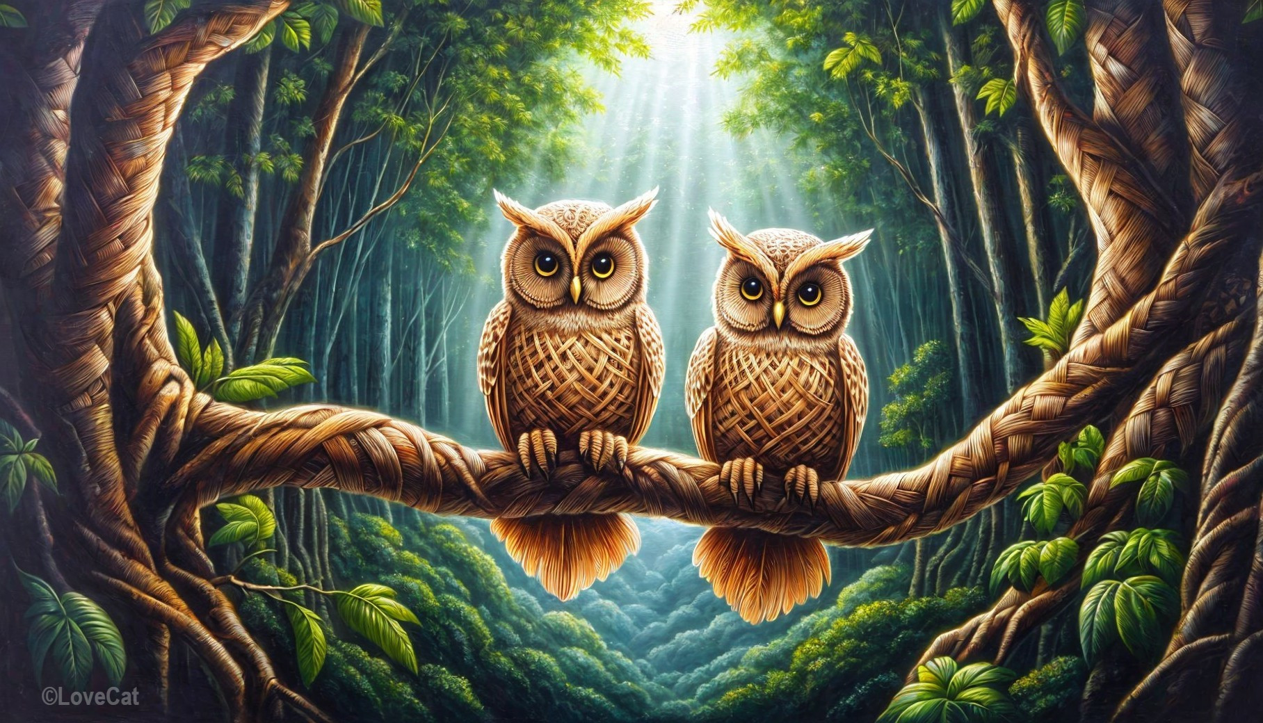 Owls on a Branch in an Enchanted Forest Scene