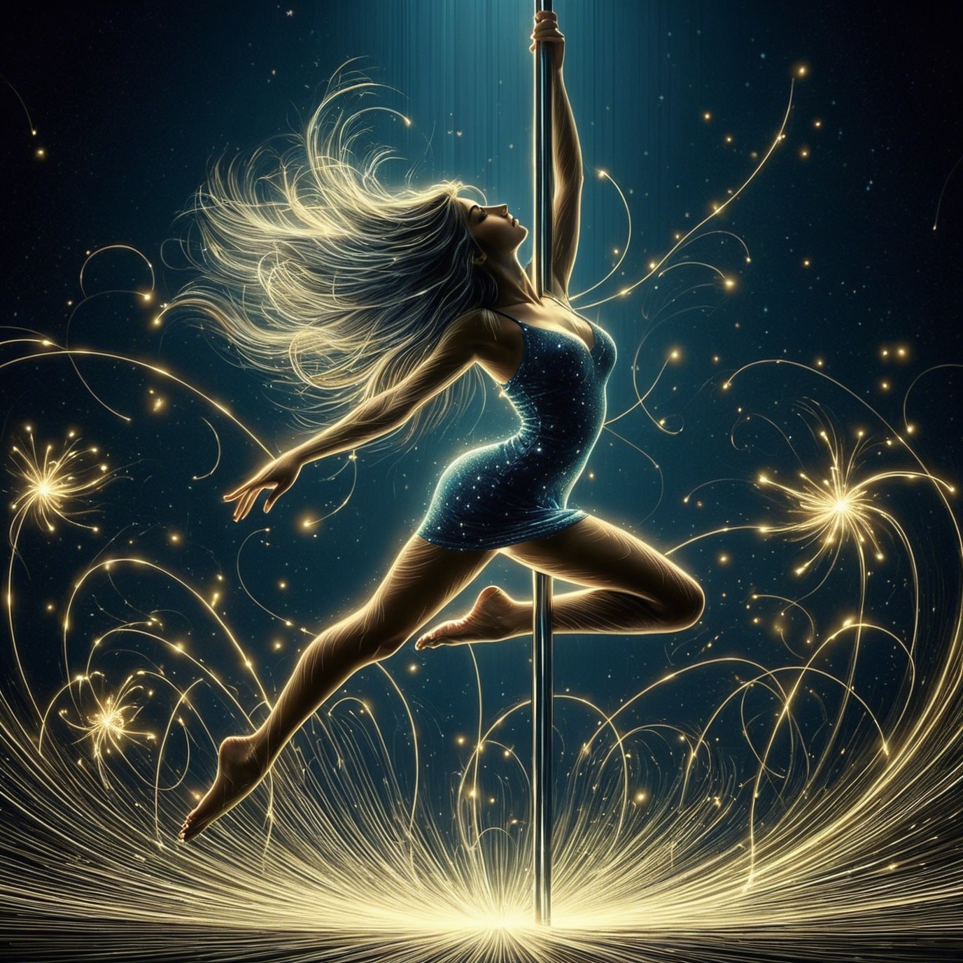 Elegant pole dance performance in soft blue light