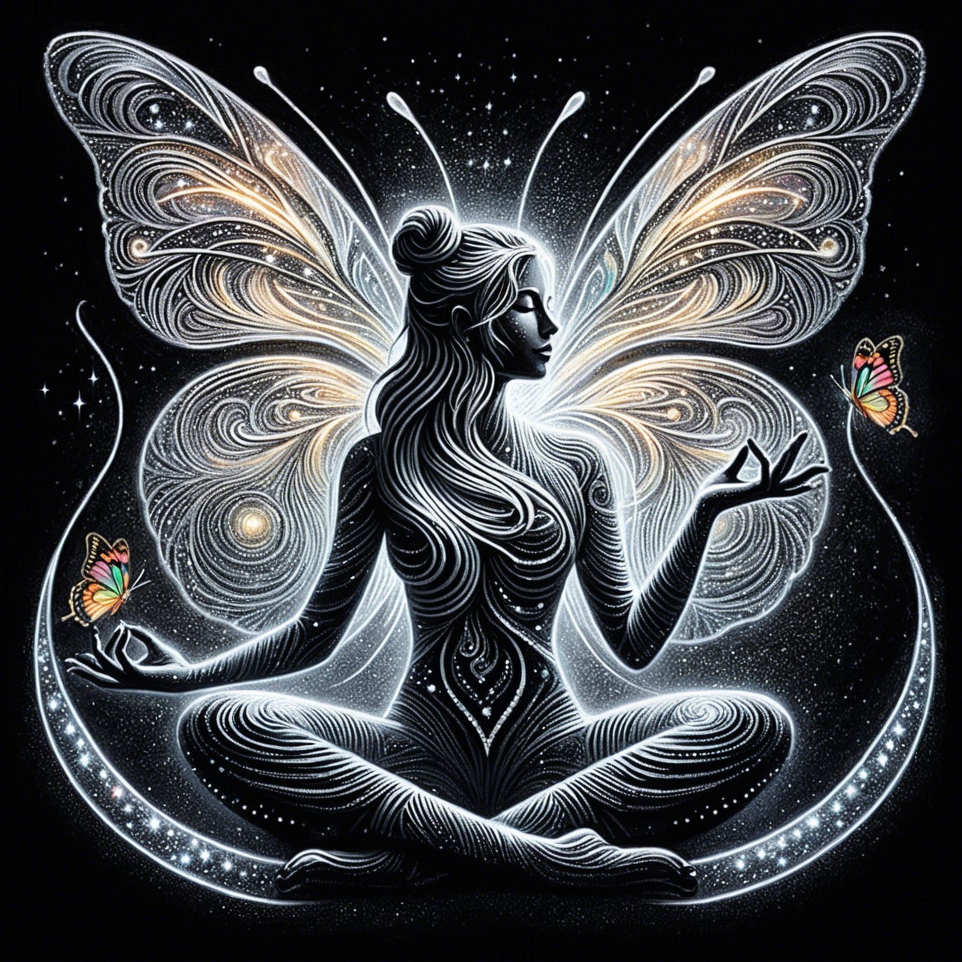 Meditating Female Figure with Butterflies and Patterns