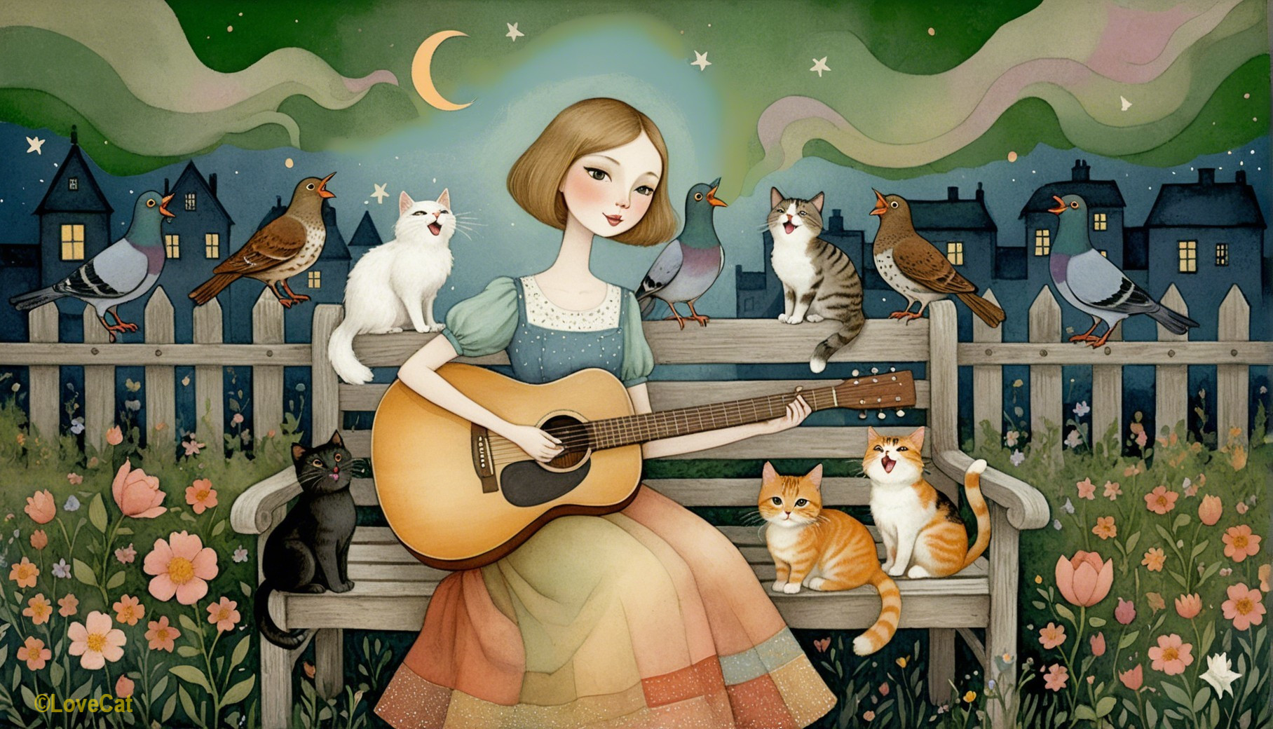 Young Woman with Guitar Surrounded by Cats and Birds