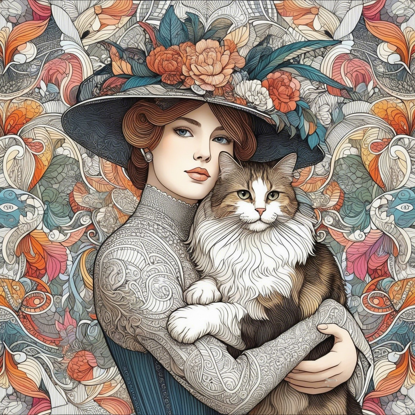 Illustration of a Woman with Cat in Floral Setting