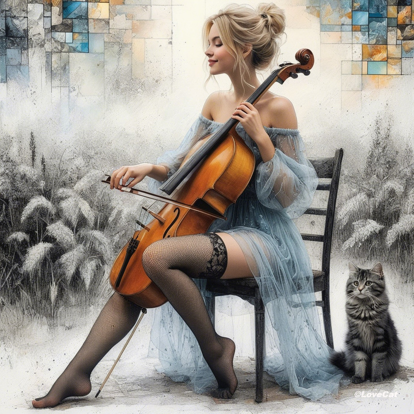 Young Woman Playing Cello in Serene Setting