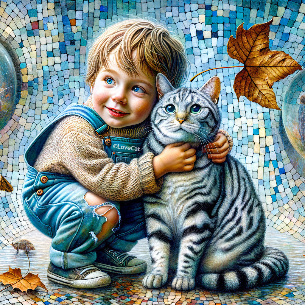 Joyful boy hugs gray tabby cat in colorful setting