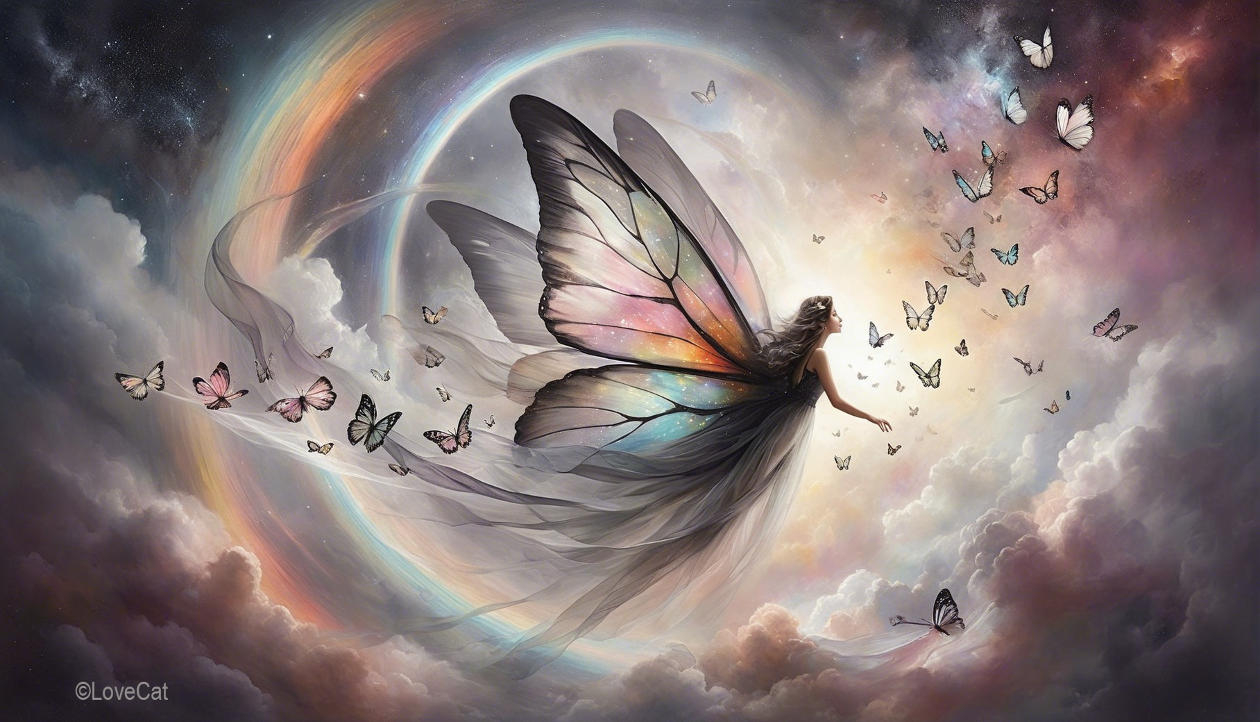 Mystical Scene with Butterfly Wings and Ethereal Clouds