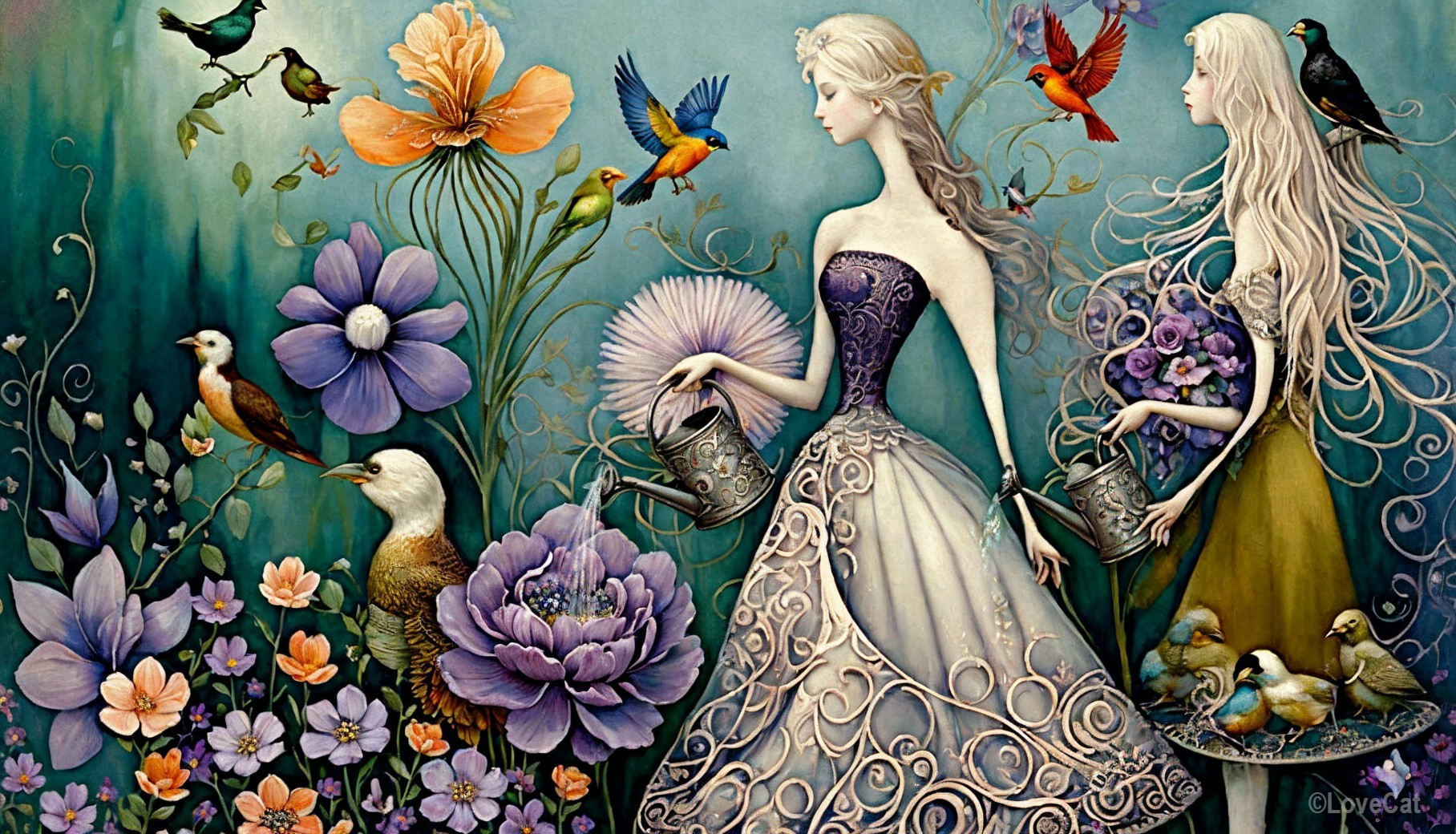Elegant Women in Gowns in a Colorful Garden Scene