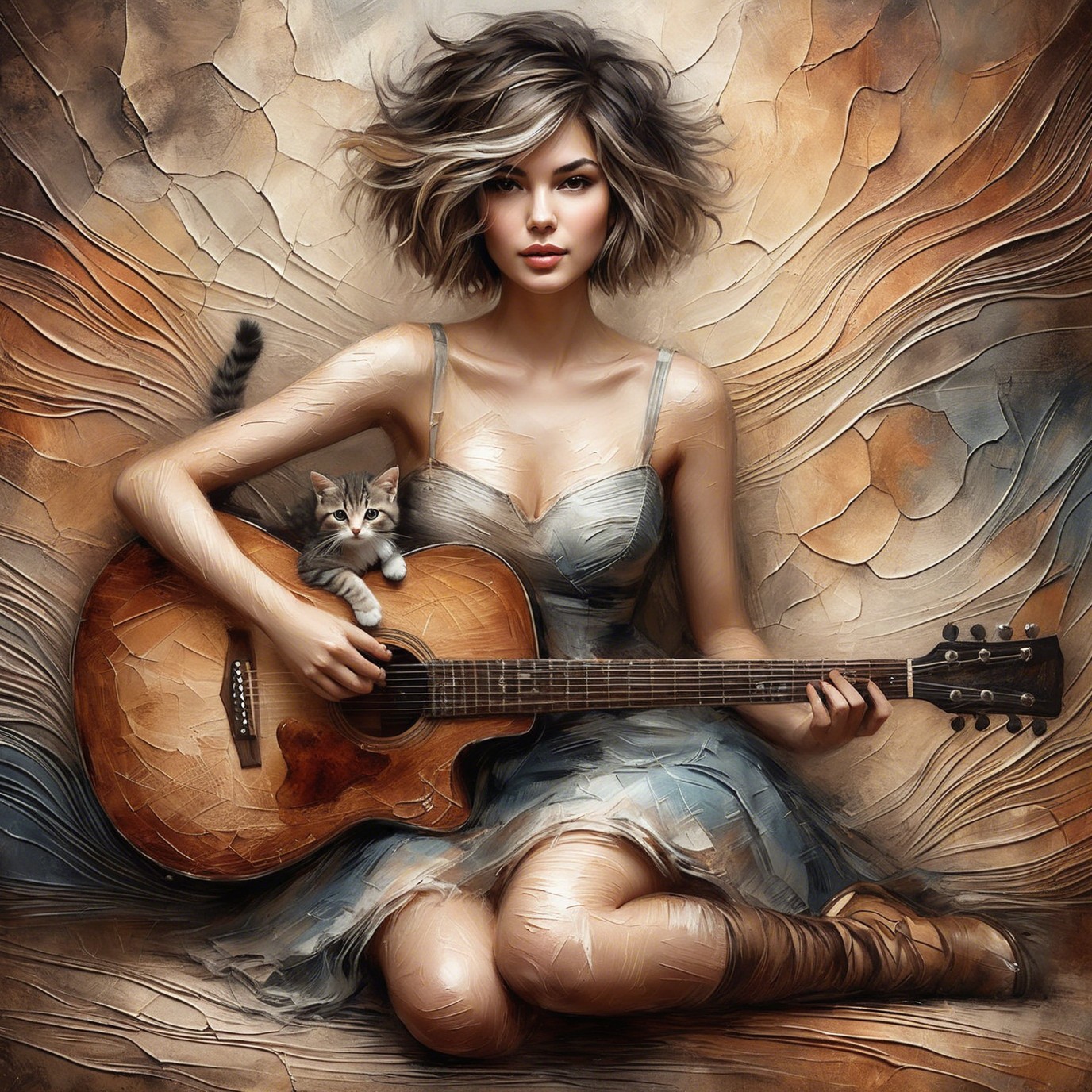 Whimsical Scene of Woman with Guitar and Kitten