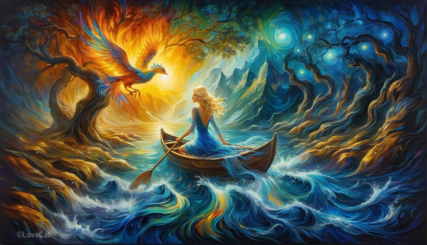 Oil Painting of Woman in Boat with Phoenix and Landscape