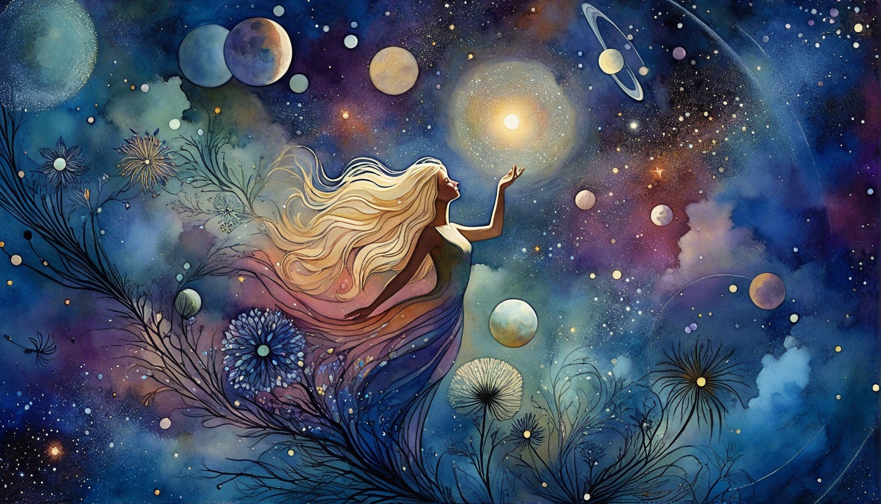 Whimsical Cosmic Scene with Flowing Hair and Galaxies