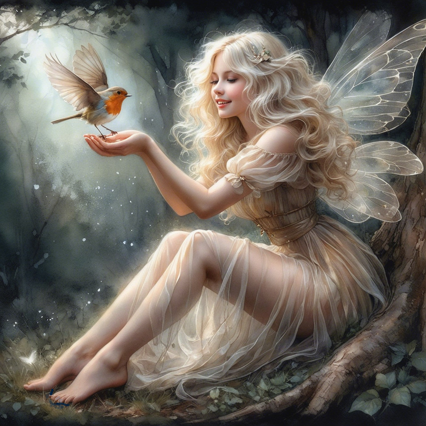 Whimsical Fairy Under Tree with Vibrant Bird