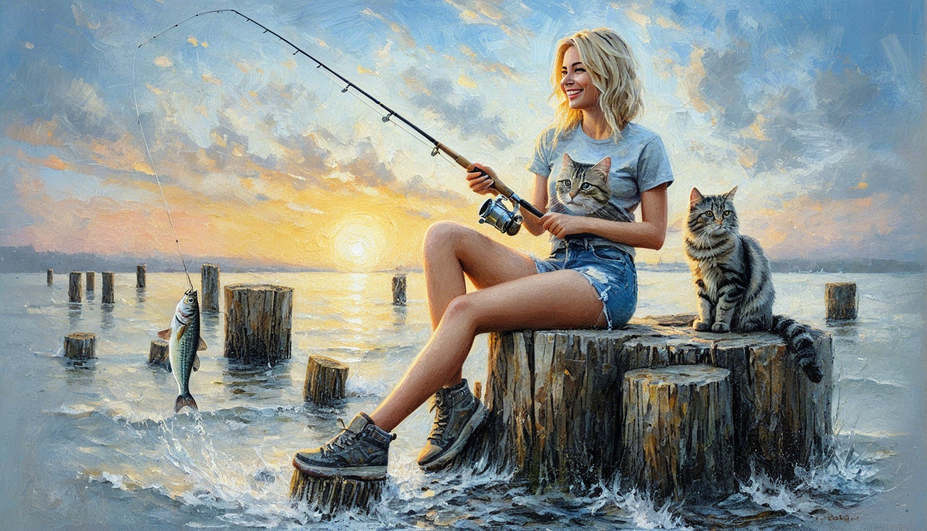 Cheerful Woman Fishing at Sunset by a Serene Lake