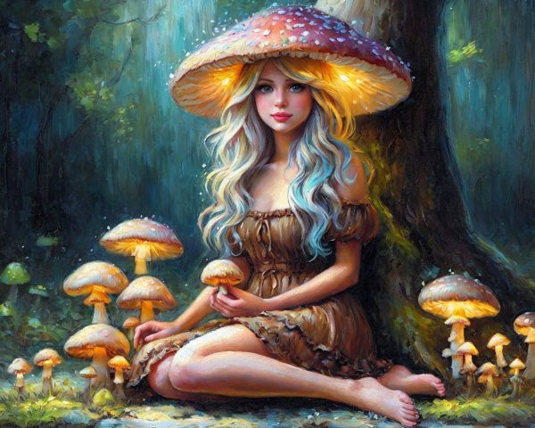 Whimsical Forest Scene with Glowing Mushrooms