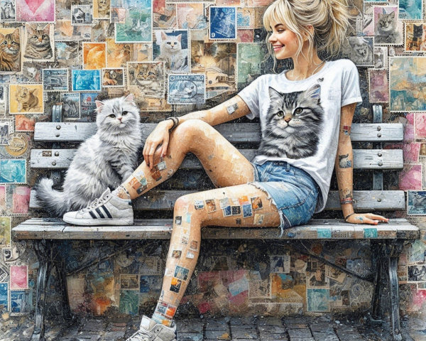 Young Woman with Cat in Park by Colorful Mural