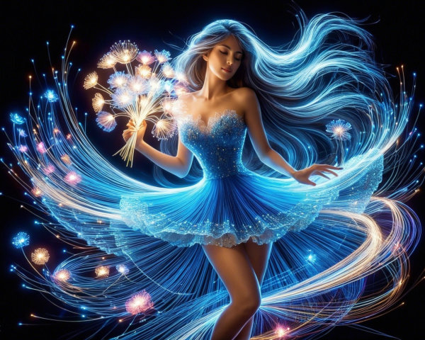 Elegant woman in blue dress with glowing bouquet