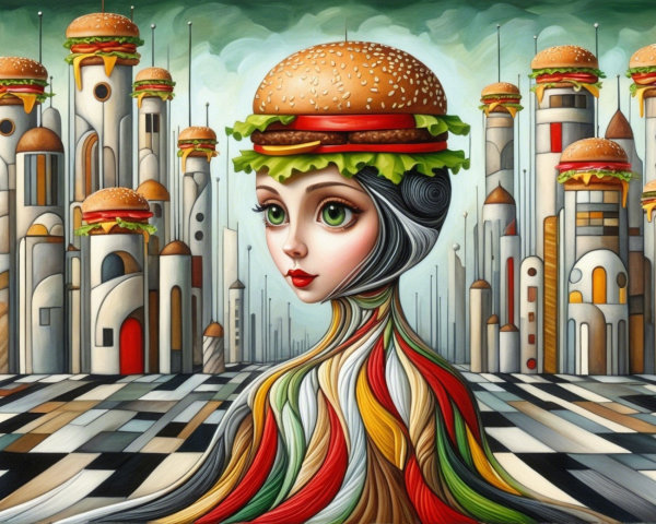 Whimsical Girl with Hamburger Hat in Vibrant Cityscape