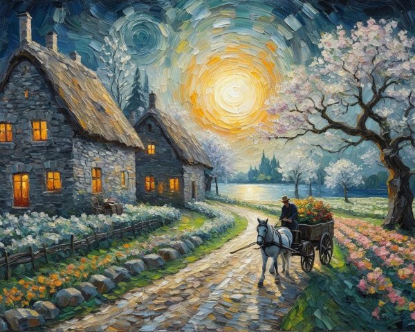 Picturesque Landscape with Cottages and Blooming Flowers