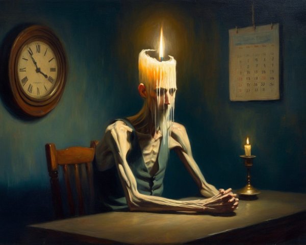 Haunting Scene of a Gaunt Figure with Melting Candle Head