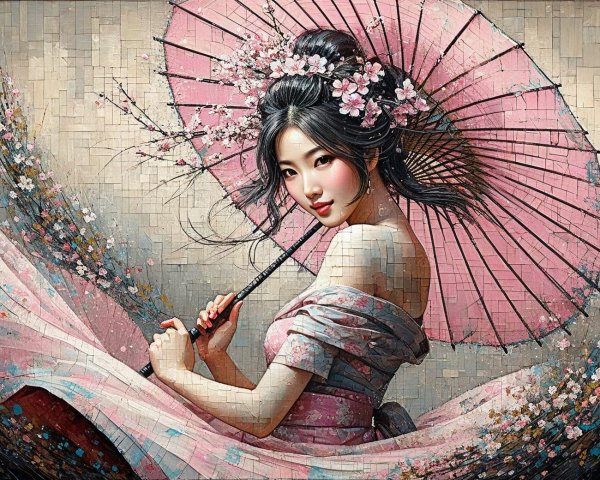 Young Woman with Pink Parasol and Cherry Blossoms