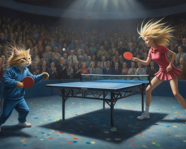 Cat in Tracksuit Competes in Ping Pong Match