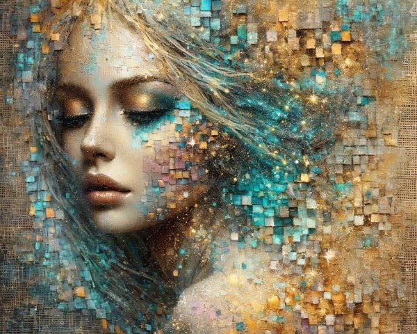Serene Female Figure in Abstract Pixelated Artwork