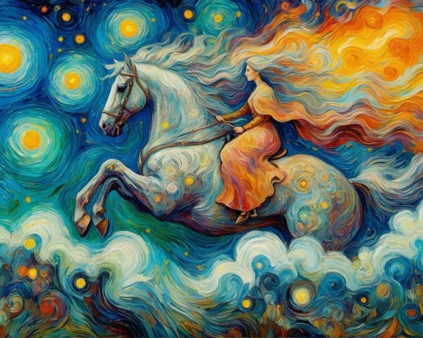Vibrant Artwork of Woman on White Horse in Motion
