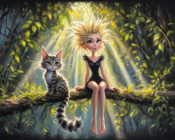 Whimsical Scene of Girl and Cat in Sunlit Tree
