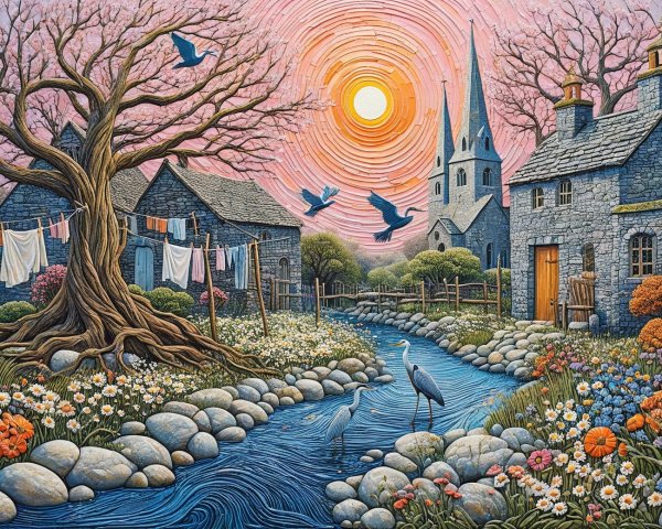 Tranquil Village Scene with Pink Sky and Nature Elements