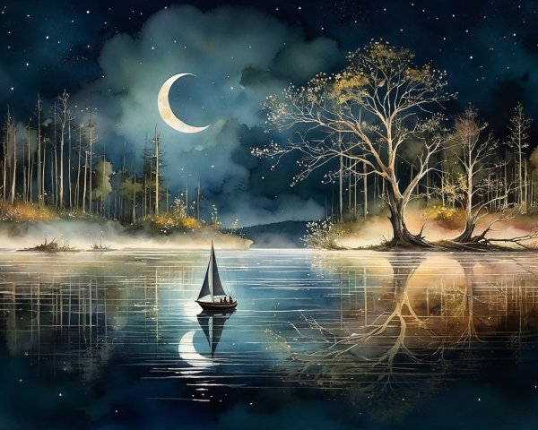 Serene Night Scene with Crescent Moon and Sailboat