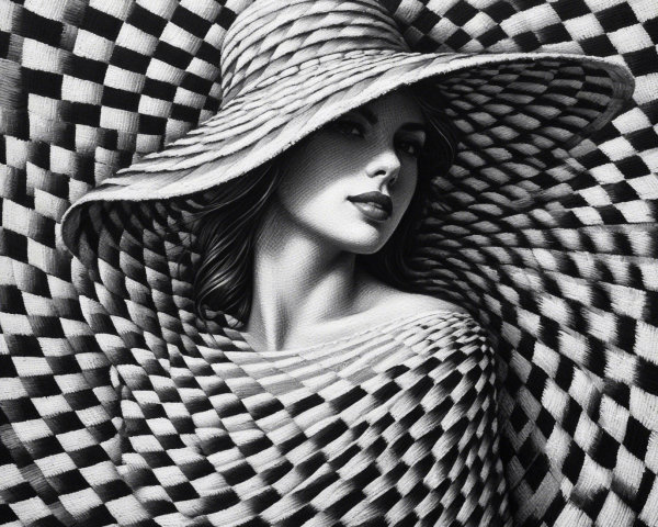 Black-and-white portrait of a woman in a straw hat