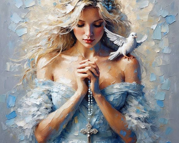 Serene Woman in Blue Gown with Dove and Rosary