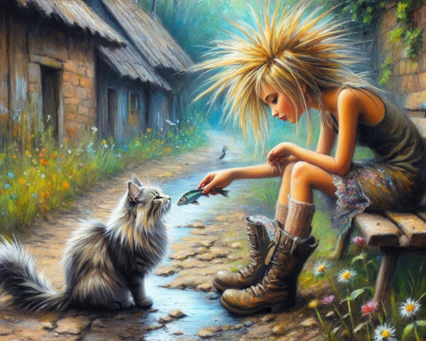 Young girl with fish and cat in rustic village setting