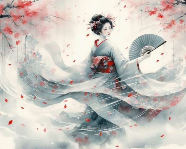 Dancer in Kimono Amidst Cherry Blossoms and Petals