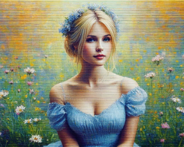 Young woman in blue dress with floral wreath in field