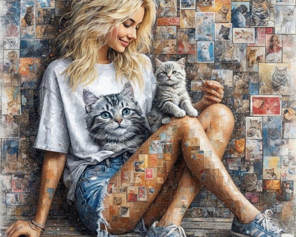 Young woman with kitten in playful, vibrant setting