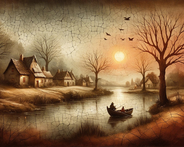 Serene sunset over a tranquil village by the river