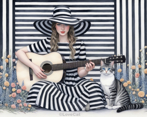 Young woman with guitar and cat in striped setting