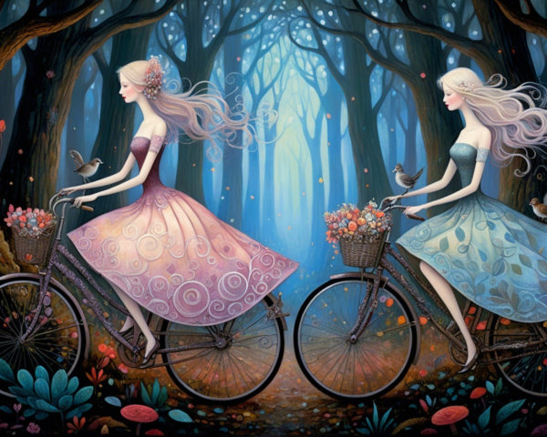 Women Cycling in a Mystical Forest Setting