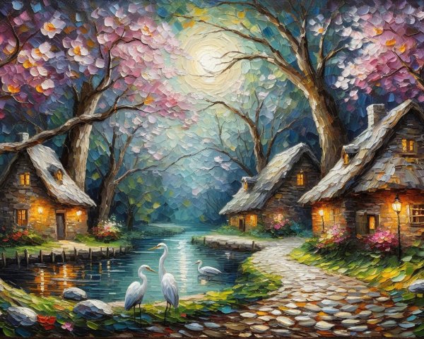 Vibrant Landscape with Cottages and Tranquil Pond