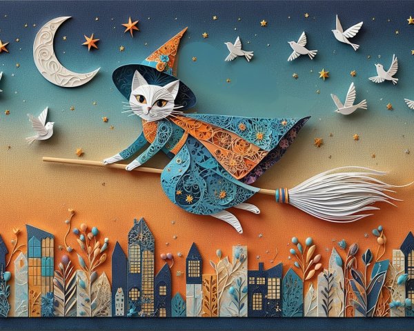Whimsical Cat Witch Flying Over Colorful Cityscape