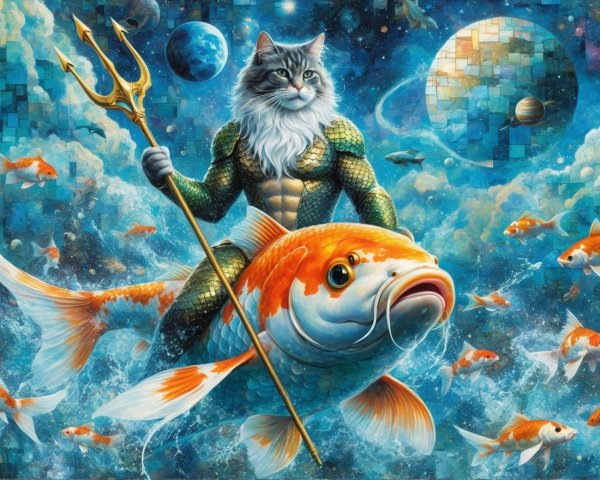 Majestic Cat with Trident on Koi Fish in Cosmic Scene
