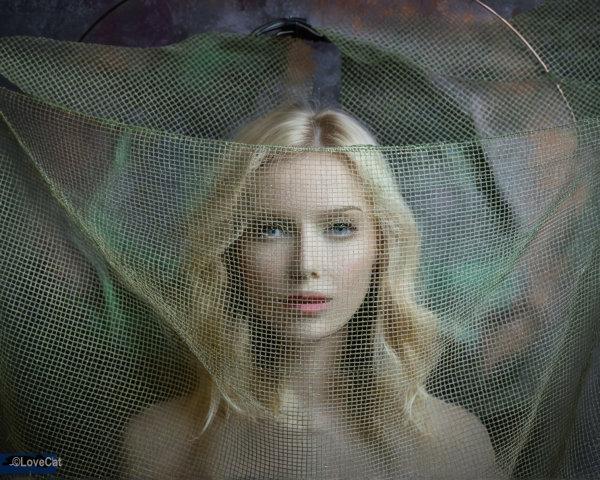 Serene portrait of a woman with wavy blonde hair