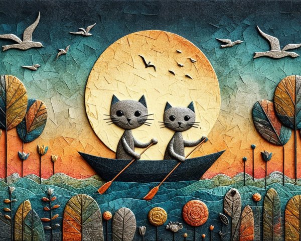 Cartoon Cats in a Boat on a Colorful Waterway Scene
